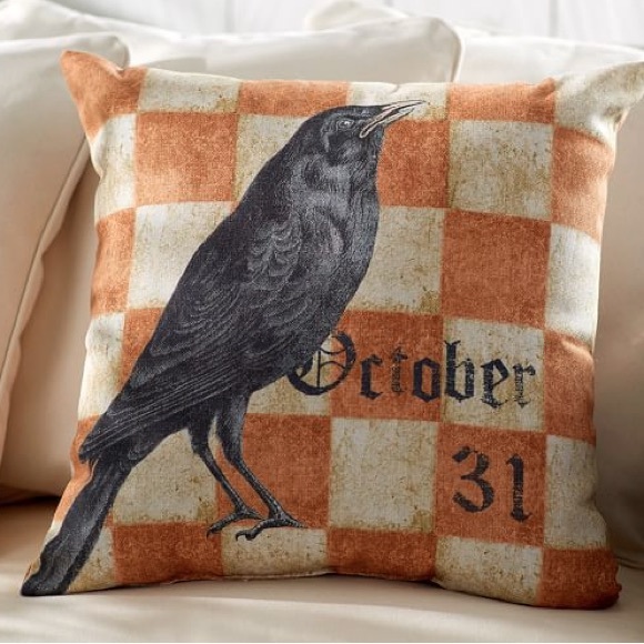 Pottery Barn Rare Halloween October 31st Crow Raven 20” x 20” Throw Pillow - Picture 1 of 5